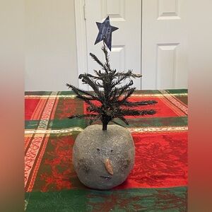 Vintage Rustic Snowball Snowman with Metal Black Tree Topper